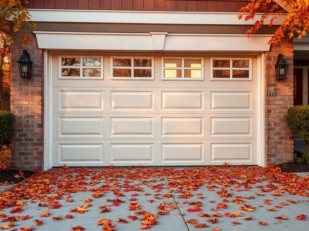 Residential garage door with autumn leaves scattered on driveway