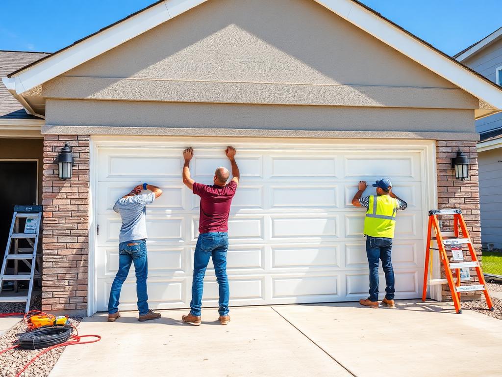 Installation crew fitting new sectional garage door on residential home